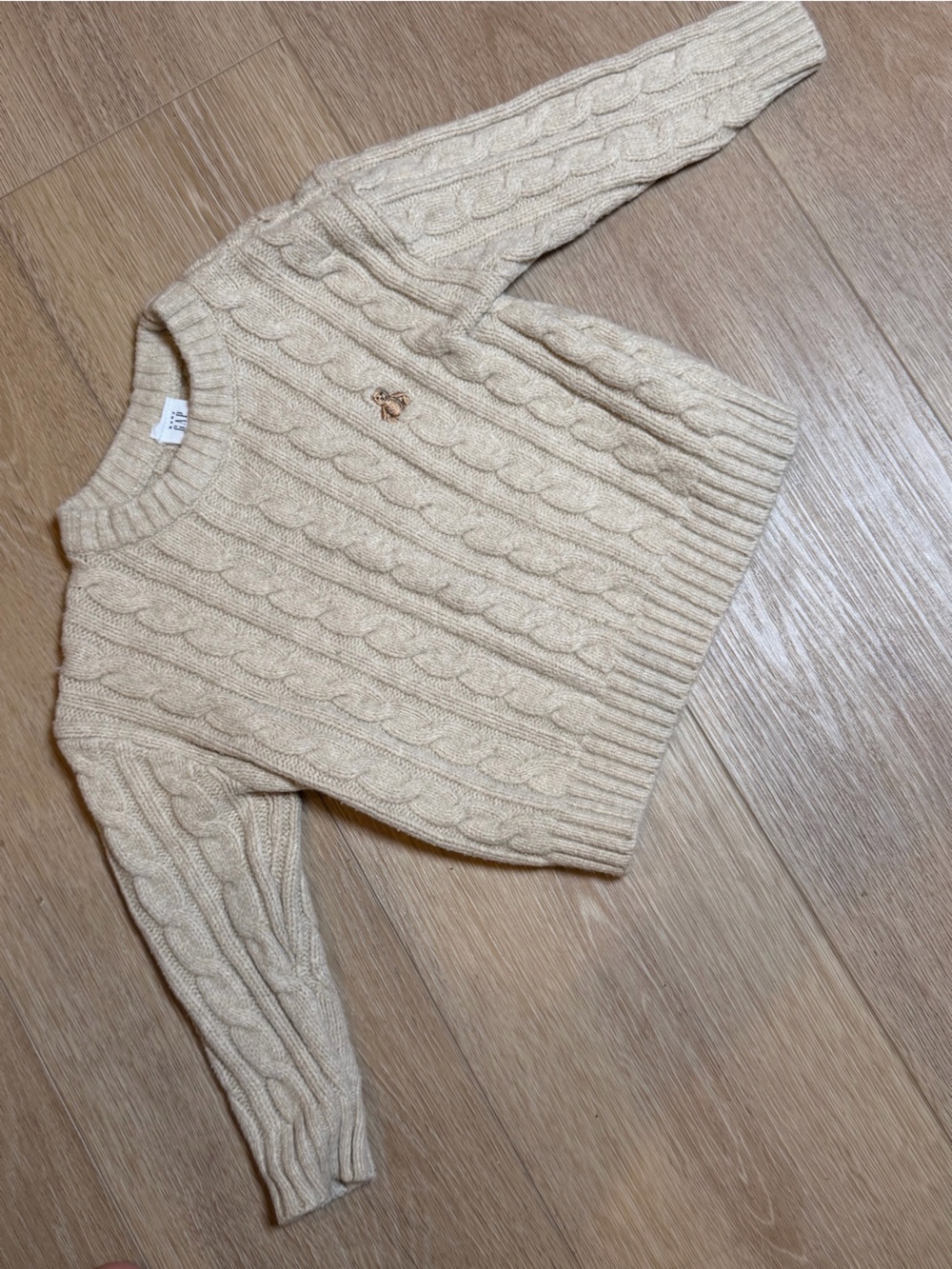 Baby Gap Cable Knit Sweater Beige 12-18M Bear Embroidery